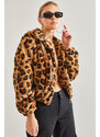 Bianco Lucci Women's Leopard Patterned Zippered Plush Coat