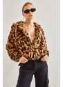 Bianco Lucci Women's Leopard Patterned Zippered Plush Coat