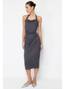 Trendyol Anthracite Elastic Knitted Midi Dress with Slit and Gathered Fitted/Sticky Midi Dress