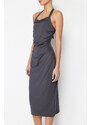 Trendyol Anthracite Elastic Knitted Midi Dress with Slit and Gathered Fitted/Sticky Midi Dress