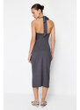 Trendyol Anthracite Elastic Knitted Midi Dress with Slit and Gathered Fitted/Sticky Midi Dress