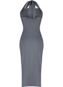 Trendyol Anthracite Elastic Knitted Midi Dress with Slit and Gathered Fitted/Sticky Midi Dress