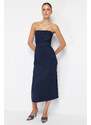 Trendyol Navy Blue Straight Cut Midi Strapless Pocket Detailed Gabardine Woven Dress