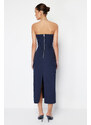 Trendyol Navy Blue Straight Cut Midi Strapless Pocket Detailed Gabardine Woven Dress