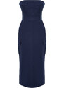 Trendyol Navy Blue Straight Cut Midi Strapless Pocket Detailed Gabardine Woven Dress