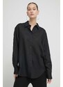 Košile s příměsí lnu Desigual FRINGES černá barva, relaxed, s klasickým límcem, 24SWCW03