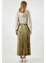 Happiness İstanbul Women's Light Khaki Shiny Finish Pleated Knitted Skirt