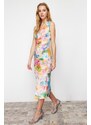 Trendyol Multi Color Printed Fitted/Sticky Gathered Detailed Knitted Midi Dress