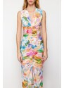 Trendyol Multi Color Printed Fitted/Sticky Gathered Detailed Knitted Midi Dress