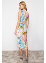 Trendyol Multi Color Printed Fitted/Sticky Gathered Detailed Knitted Midi Dress