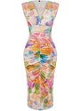 Trendyol Multi Color Printed Fitted/Sticky Gathered Detailed Knitted Midi Dress