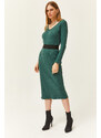 Olalook Women's Green Pool Neck Thick Ribbed Midi Dress