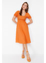 Trendyol Orange Skater/Ballet Opening Balloon Sleeve Midi Woven Dress