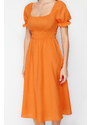 Trendyol Orange Skater/Ballet Opening Balloon Sleeve Midi Woven Dress