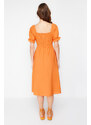 Trendyol Orange Skater/Ballet Opening Balloon Sleeve Midi Woven Dress