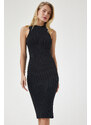 Happiness İstanbul Women's Black Ribbed Saran Knitwear Dress