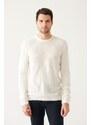 Avva Men's White Crew Neck Herringbone Patterned Standard Fit Regular Cut Knitwear Sweater