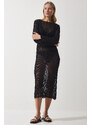 Happiness İstanbul Women's Black Openwork Transparent Long Knitwear Dress