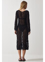 Happiness İstanbul Women's Black Openwork Transparent Long Knitwear Dress