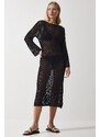 Happiness İstanbul Women's Black Openwork Transparent Long Knitwear Dress