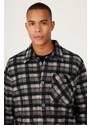 ALTINYILDIZ CLASSICS Men's Black Comfort Fit Relaxed Cut Shirt Collar Patterned Winter Shirt Jacket