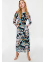 Trendyol Blue Decollete Decollete Long Sleeve Printed Tulle Stretch Knitted Dress