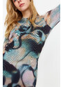 Trendyol Blue Decollete Decollete Long Sleeve Printed Tulle Stretch Knitted Dress