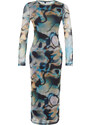 Trendyol Blue Decollete Decollete Long Sleeve Printed Tulle Stretch Knitted Dress