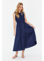 Trendyol Navy Blue Skirt Waist Opening Gipe Detail 100% Cotton Poplin Midi Woven Dress