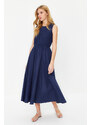 Trendyol Navy Blue Skirt Waist Opening Gipe Detail 100% Cotton Poplin Midi Woven Dress