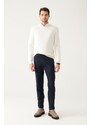 Avva Men's White Crew Neck Herringbone Patterned Standard Fit Regular Cut Knitwear Sweater