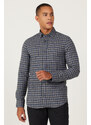 AC&Co / Altınyıldız Classics Men's Navy Blue Slim Fit Slim Fit Hidden Button Collar Checkered Thick Tufted Winter Shirt