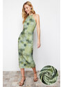 Trendyol Khaki Special Textured Maxi Halter Neck Fitted Midi Knitted Dress