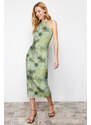 Trendyol Khaki Special Textured Maxi Halter Neck Fitted Midi Knitted Dress