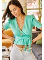 Olalook Women's Mint Green Belted Double Breasted Crepe Blouse