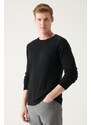 Avva Men's Black Crew Neck Jacquard Slim Fit Slim Fit Knitwear Sweater