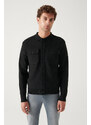 Avva Men's Black Woolen Chest Pocket Buttoned Polo Collar Regular Fit Cardigan Coat