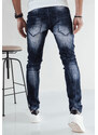 BASIC TMAVĚ MODRÉ PÁNSKÉ DŽÍNY S BÍLÝMI ODĚRKAMI Denim vzor