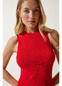 Happiness İstanbul Women's Red Ribbed Saran Knitwear Dress