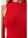 Happiness İstanbul Women's Red Ribbed Saran Knitwear Dress