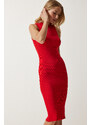 Happiness İstanbul Women's Red Ribbed Saran Knitwear Dress