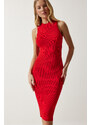 Happiness İstanbul Women's Red Ribbed Saran Knitwear Dress