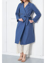 armonika Women's Dark Blue Double Breasted Collar Waist Belted Long Trench Coat