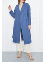 armonika Women's Dark Blue Double Breasted Collar Waist Belted Long Trench Coat