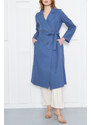 armonika Women's Dark Blue Double Breasted Collar Waist Belted Long Trench Coat