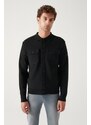 Avva Men's Black Woolen Chest Pocket Buttoned Polo Collar Regular Fit Cardigan Coat