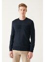 Avva Men's Navy Blue Crew Neck Text Slogan Cotton Regular Fit Knitwear Sweater