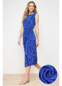 Trendyol Indigo Padded Belted Pleated Knitted Midi Dress