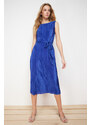 Trendyol Indigo Padded Belted Pleated Knitted Midi Dress