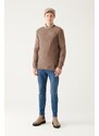 Avva Men's Mink Crew Neck Textured Front Regular Fit Knitwear Sweater